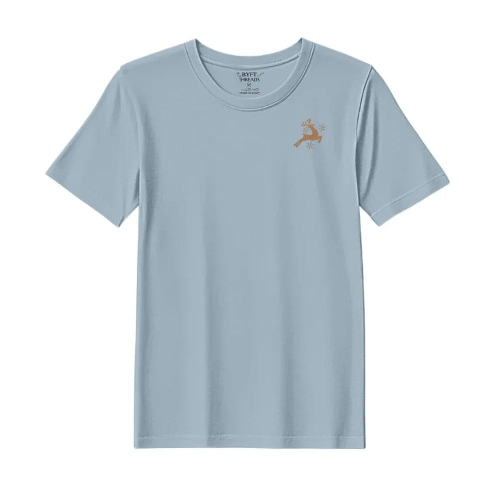 Threads Medium Baby Blue Polycotton T-Shirt - Christmas "Leaping Reindeer with Snowflakes" Embroidered Design, Premium Holiday Collection