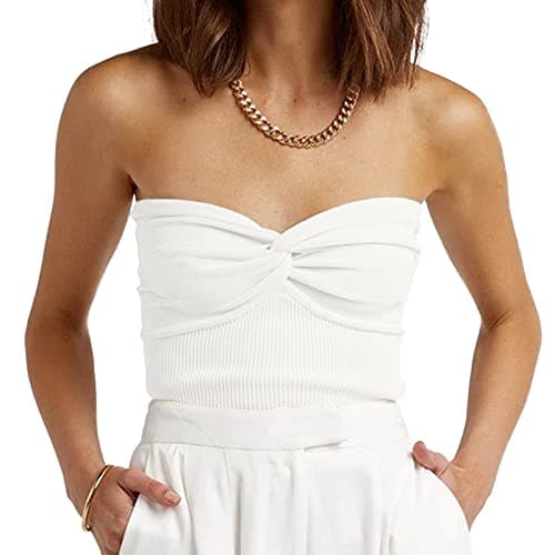 ISZPLUSH Women's Sexy Strapless Sweetheart Neck Knot Front Slim Fit Sleeveless Y2K Crop Tube Top (X-Small, White)