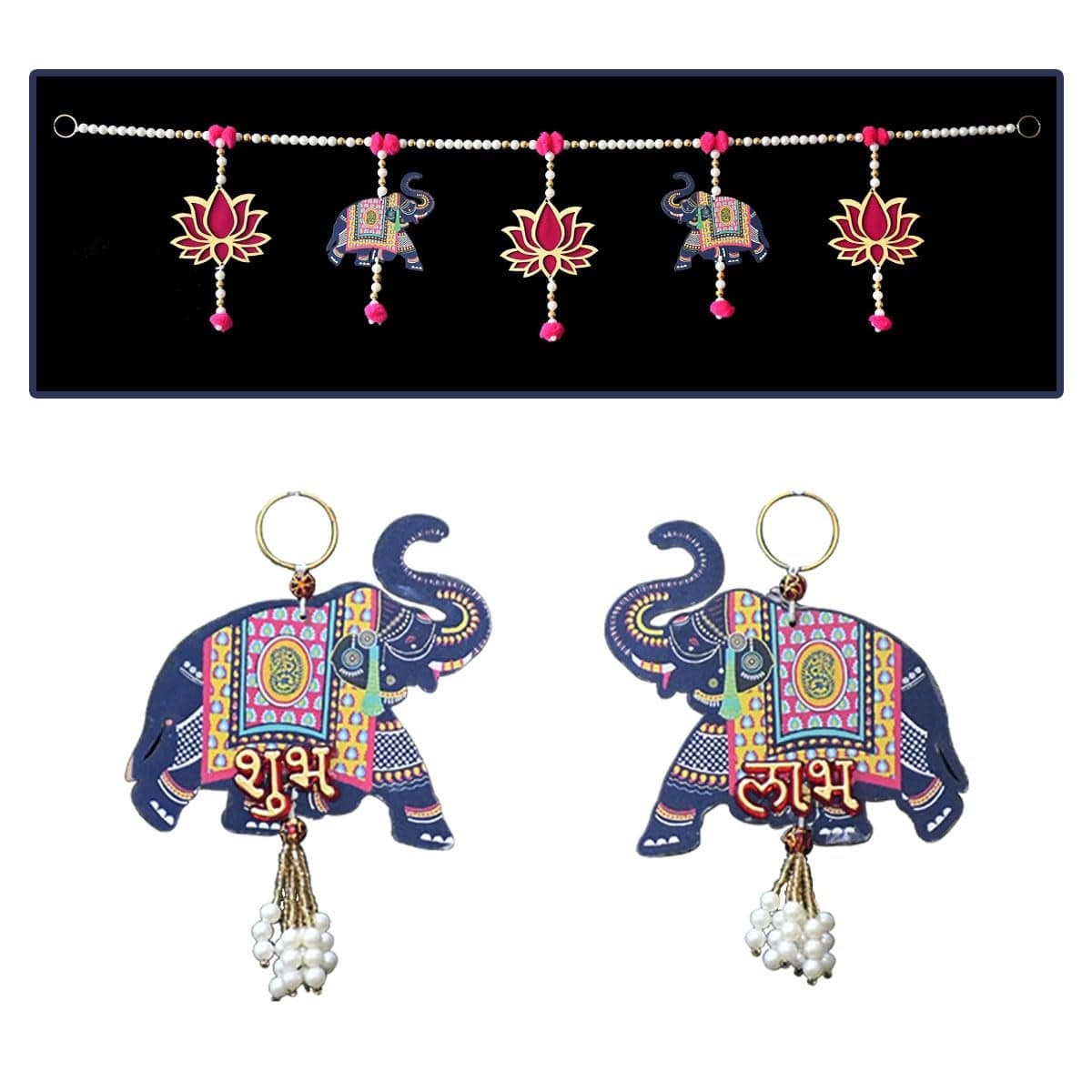 Saugat Traders Lotus with Elephant Hanging Toran for Main Door Entrance, Pooja Room, Diwali Decoration, Temple Bandarwal Home Decor Elephant Hanging Shubh Labh