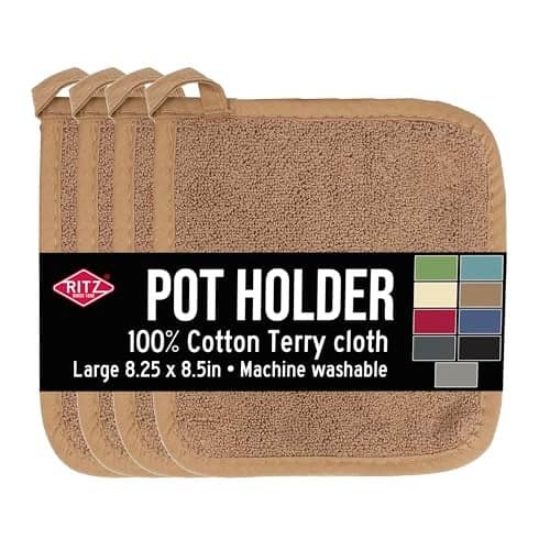 RITZ Terry Potholder & Hot Pad: Unparalleled Heat Resistant, Durable 100% Cotton – Ergonomically Designed for Optimal Grip – Easy-Care Machine Washable – 4-Pack, Mocha Brown