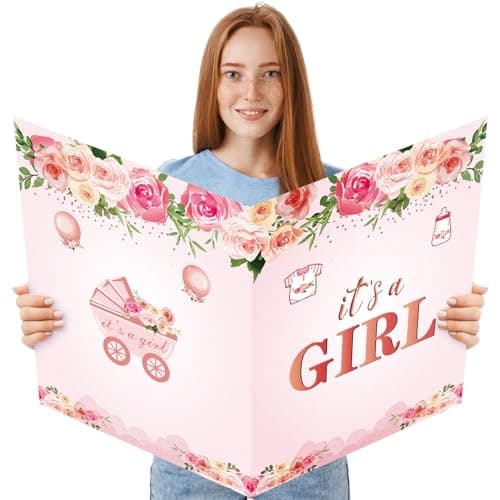 Aodocuto Large Baby Shower Card with Envelope for Girls, Giant Floral It's a Girl Baby Shower Card, Pink Guest Book Greeting Card, Jumbo Baby Shower Card Decoration Party Supplies or Gift