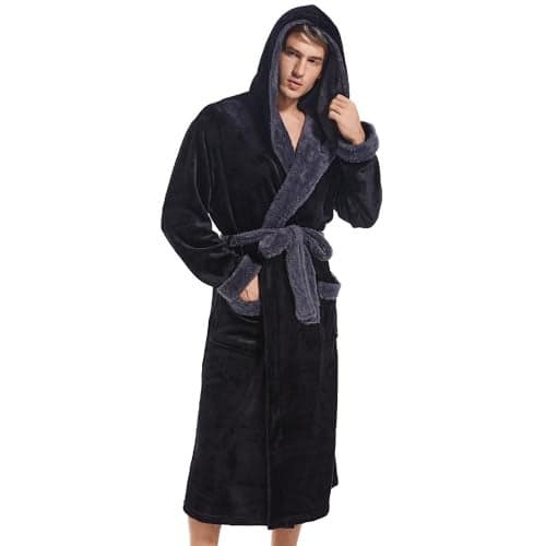 Inner Wish Mens Hooded Robe, Plush Long Bath robes Cozy Warm Bathrobe Fuzzy male Spa Robe With Pockets,BLACK+DARK GREY,L/XL