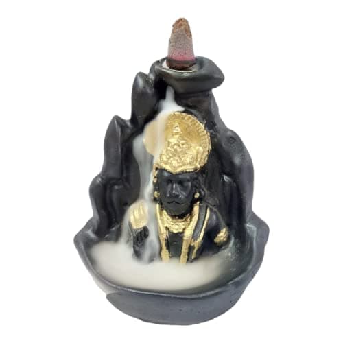 HC VILLA Hanuman Ji Backflow Incense Holder | Resin Bajrang Bali Smoke Fountain with 10 Free Cones | Balaji Polyresin Showpiece for Temple, Pooja, Home & Office Dcor, Gift Item (Black & Golden)