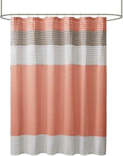 Madison Park Amherst Bathroom Shower Curtain Faux Silk Pieced Striped Modern Microfiber Bath Curtains, 72x72 Inches, Coral