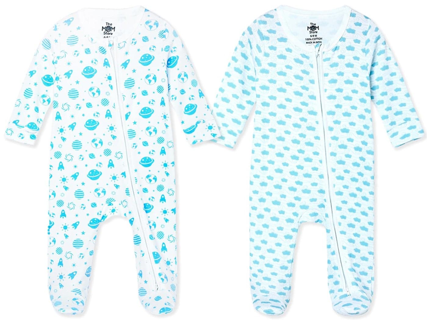 The Mom Store Baby Zipper Romper For Boys And Girls Pack Of 2 | Cotton | Trendy Stylish Nightsuit For Newborn Baby | Printed | Front Zipper | Happy Cloud-Out Of World | 0-3M