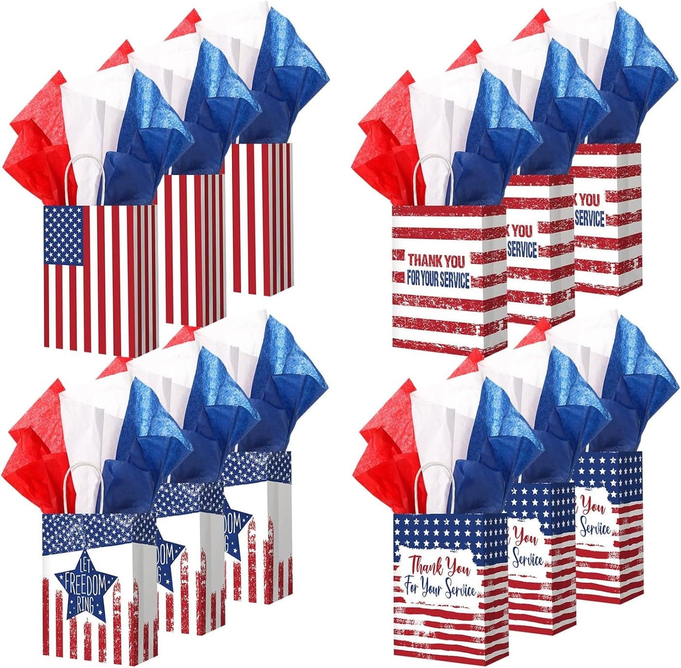 Woanger 24 Pieces Memorial Day Thank You Gift Bags with 24 Tissue Paper Veterans Day Patriotic Red White Blue Bags 4th of July Gift Wrap Bags for Independence Party