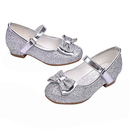 Stelle Girls Dress Shoes Glitter Princess Shoe Flower Mary Jane Low Heels Party Wedding Prom Footwear for Toddler Kids(T08-Silver, 3ML)