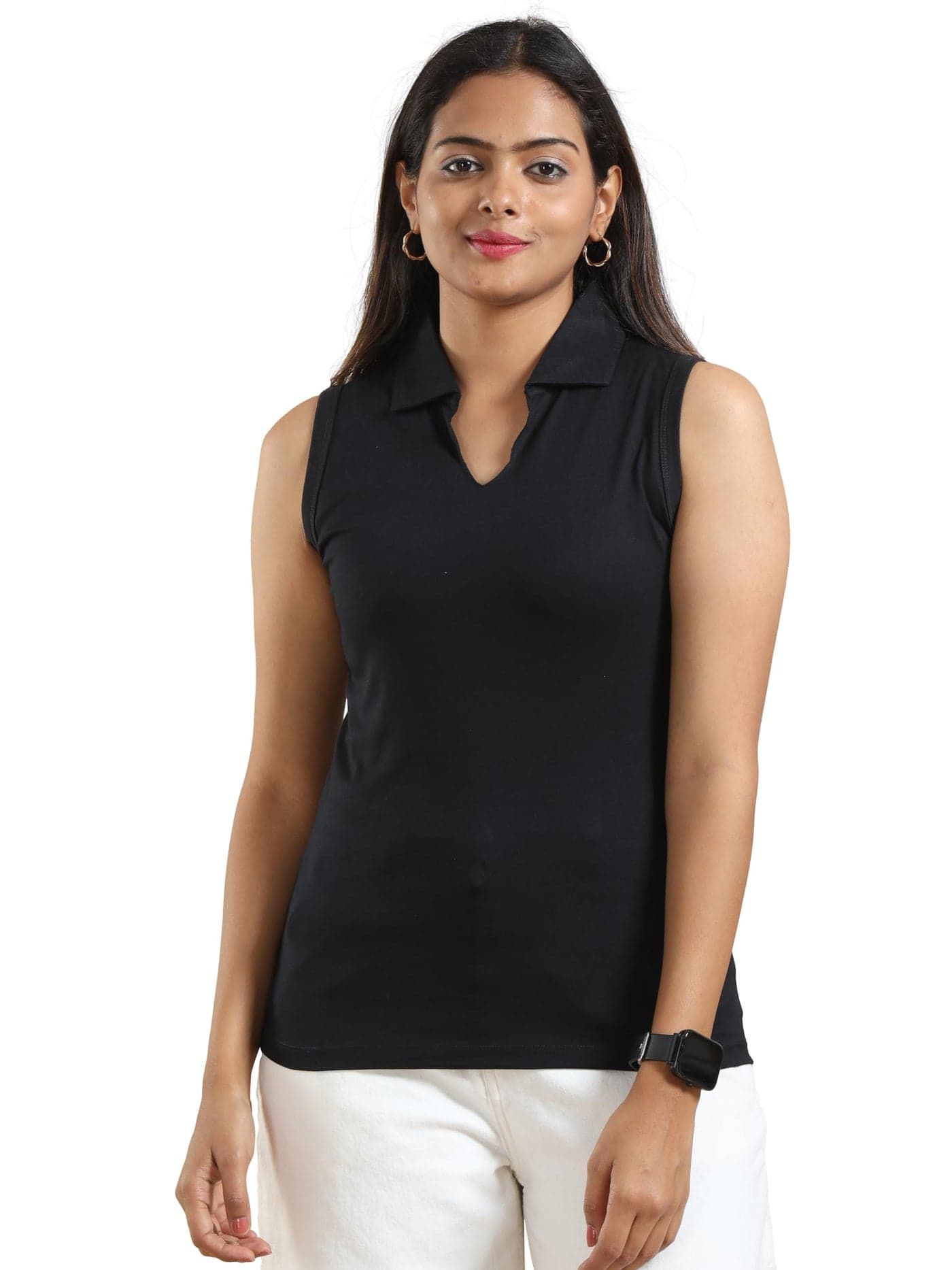 ECOLINE Clothing Women's Cotton Casual Sleeveless Top Scallop Polo Neck Collared Tshirt