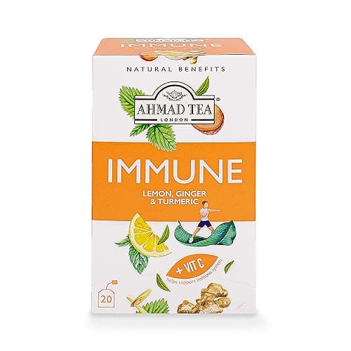 Ahmad Tea Herbal Tea Lemon Ginger Turmeric Vitamin C Immune Natural Benefits Teabags 20 ct Pack of 1 Decaffeinated SugarFree