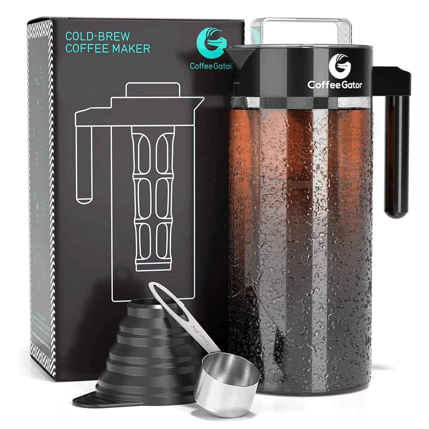 Coffee Gator Cold Brew Coffee Maker 47 oz Iced Tea and Cold Brew Maker and Pitcher wGlass Carafe Filter Funnel Measuring Scoop Black