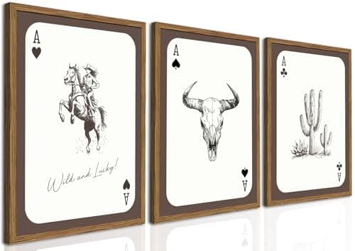 Western Cowgirl Wall Art Set of 3 Vintage Southwestern Wild and Lucky Rodeo Wall Decor Painting Bull Skull Playing Card Poster Canvas Prints for Living Room Bedroom 12x16 inch Wood Framed