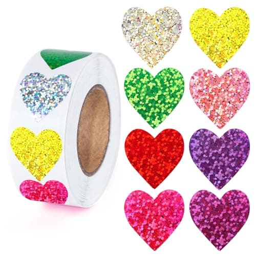 Anwyll Heart Stickers 500Pcs 1Inch Valentines Day Heart Stickers Glitter Colored Heart Shape Sticker for Reward Classroom Self Adhesive Love Incentive Sticker for Envelope Seal Card Birthday Wedding