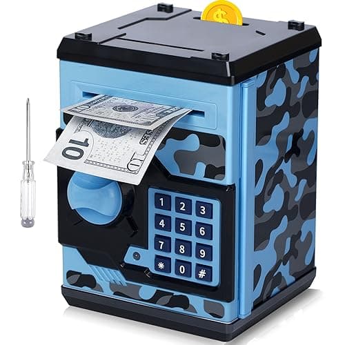 ATM Piggy Bank for Boys Girls Vcertcpl Mini ATM Coin Bank Money Saving Box with Password Kids Safe Money Jar for Adults with Auto Grab Bill Slot Great Gift Toy Bank for Kids Camouflage BlueGray