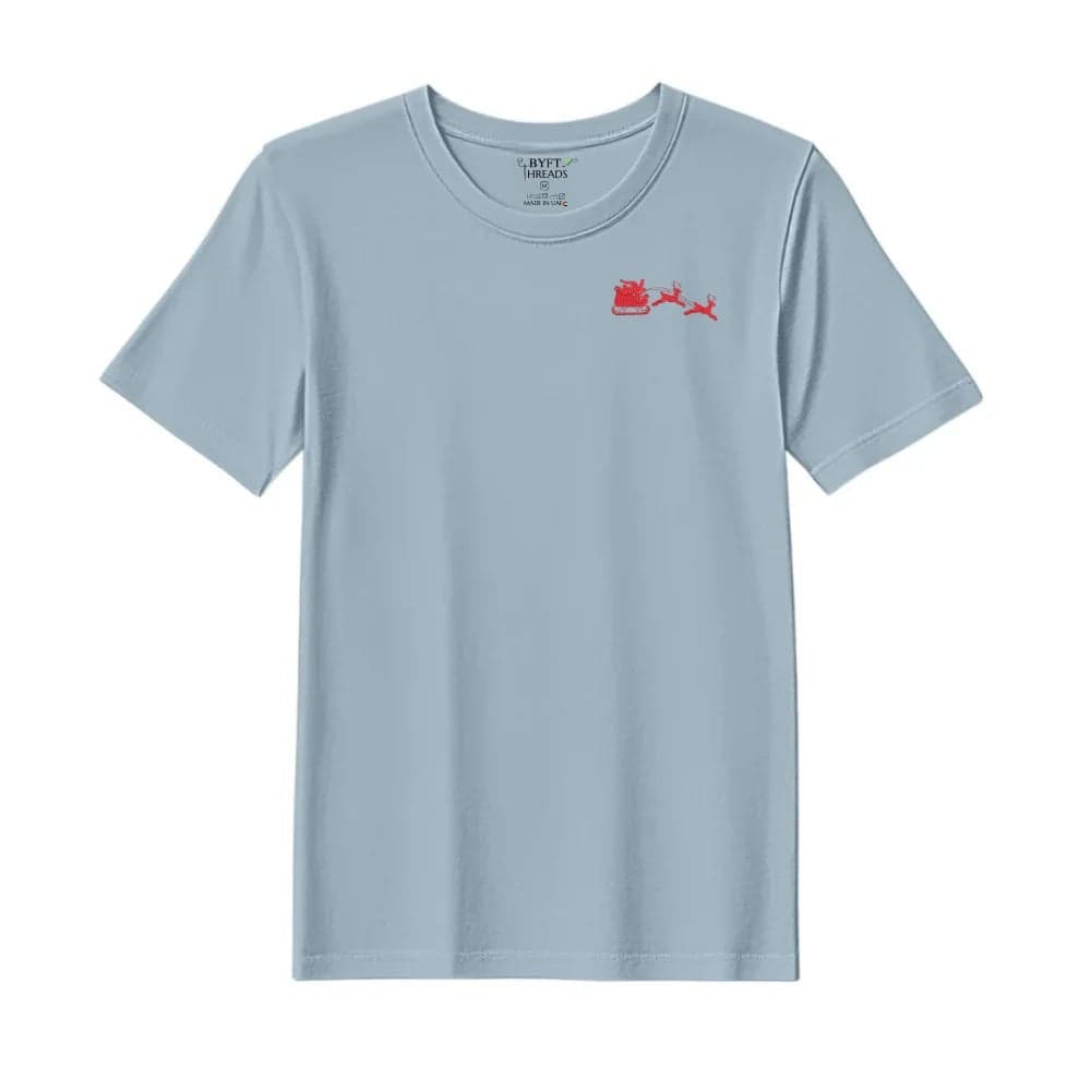 Threads Medium Baby Blue Polycotton T-Shirt - Christmas "Christmas Sleigh with Reindeer" Embroidered Design, Premium Holiday Collection
