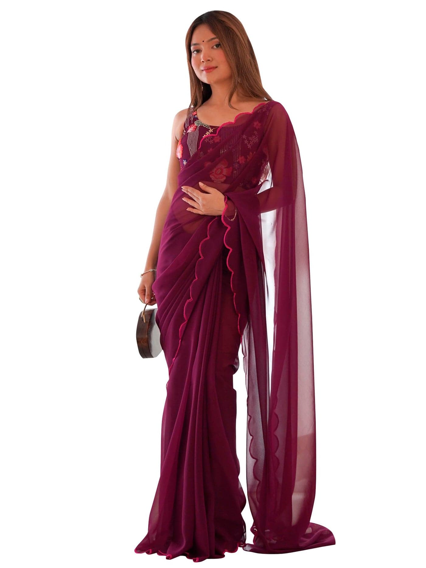 SAREE MALL Women's Magenta Georgette Solid Saree With Unstitched Blouse(KESARI10207_KR)