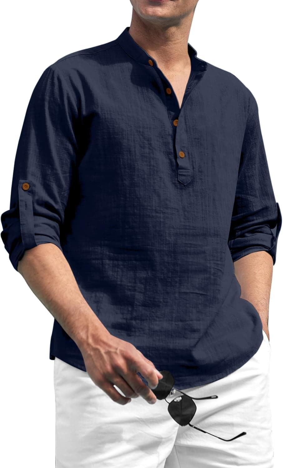 Zombom Cotton Polyester Blend Solid Casual Regular Fit Mandarin/Chinese Collor Short Kurta for Men Navy Blue