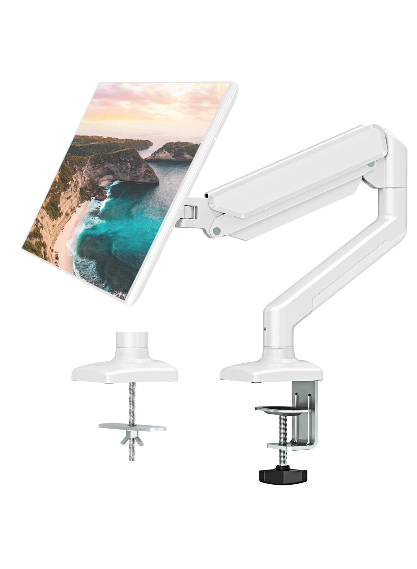 Single Monitor Mount Arm Fits Monitor up to 32 Inch, Monitor Desk Mount Holds 4.4-19.8lbs Computer Screen, Full Motion Gas Spring Monitor Desk Mount, VESA Mount, White