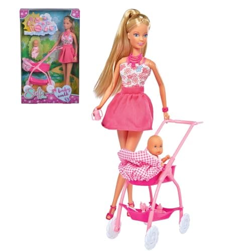 Steffi Love Doll Set| Steffi Love Baby Walk Toy| Steffi with Baby & Stroll| Set of 15+ Baby Essentials| Pretend Play Set| Ideal Gift for Girls Age 3+ (Pink)