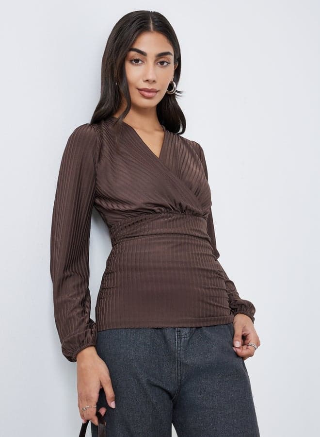 Styli Brown Ribbed V Neck Blouse