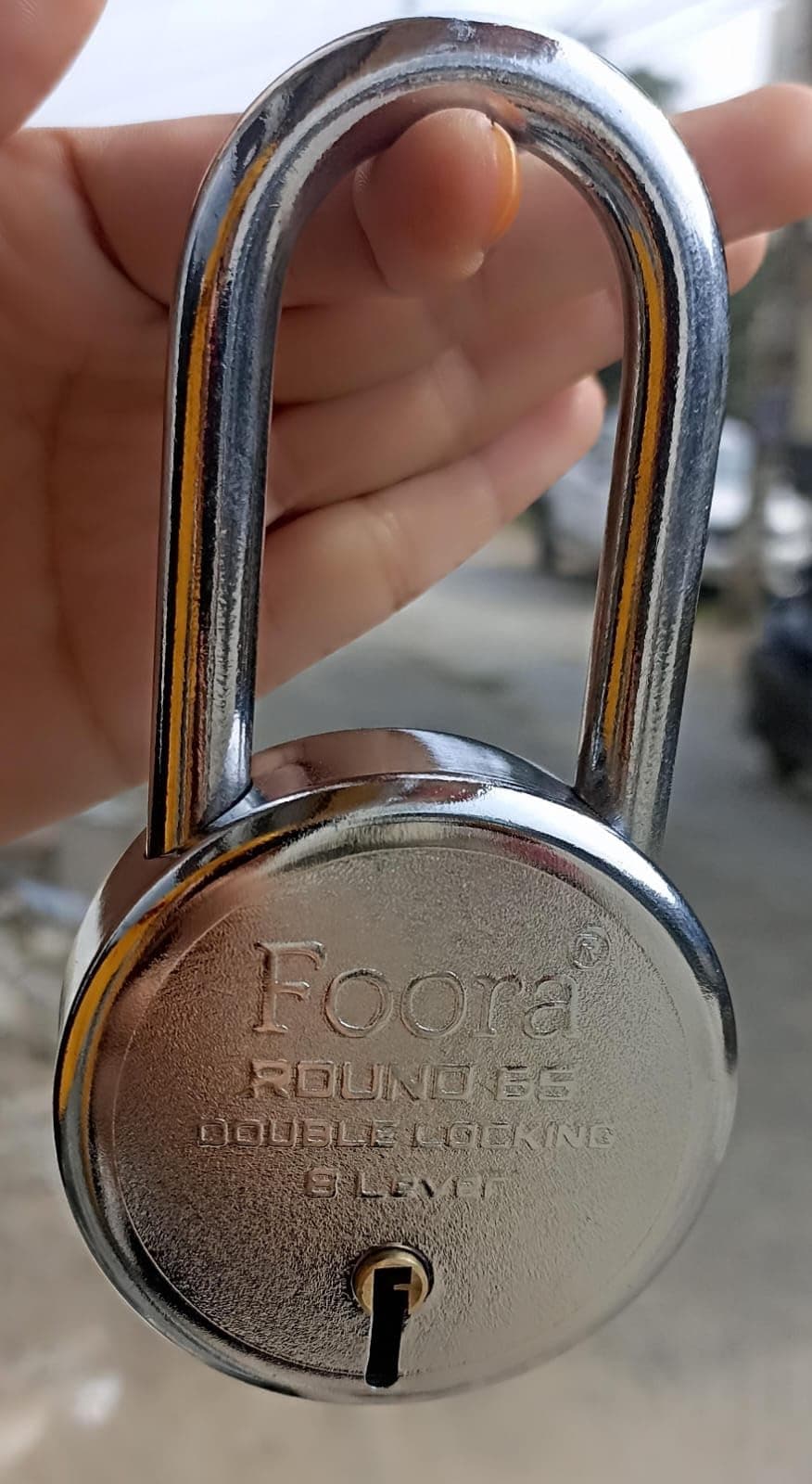 Foora Round 65 Long Shakle Lock with Long Shackle - Metal Body, Double Locking, 8 Steel Levers, 5 Silver Keys with Keychain, Silver Finish, Ideal for Door, Gate, Home and Shutters (Original Image)