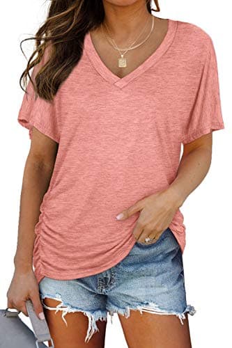 Womens Shirts Short Sleeve Tshirts Summer Vneck Dolman Tops Loose Fitted Casual Pink L