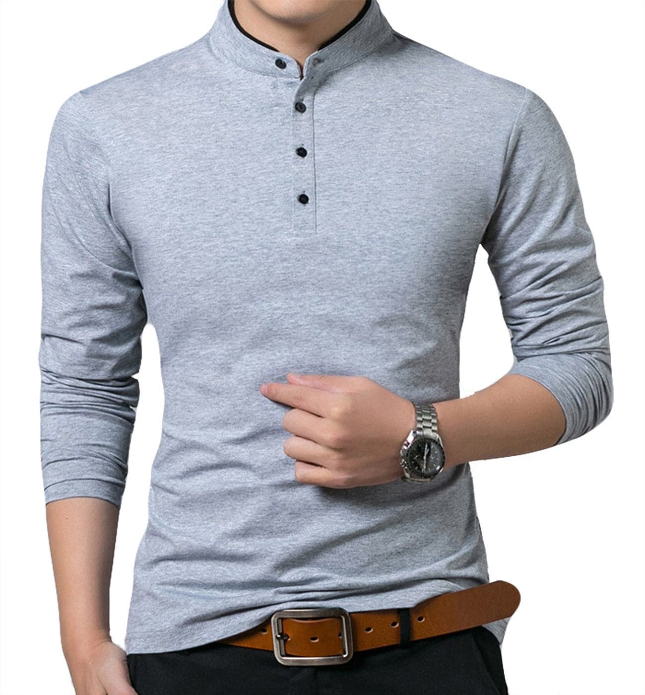 KUYIGO Mens Casual Slim Fit Shirts Long Sleeve Polo Mandarin Collared Lightweight TShirts Grey Medium