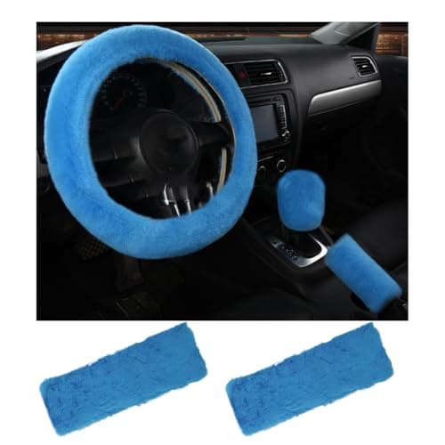 Yourkar 5 PCS Fluffy Steering Wheel Covers Set Faux Wool Steering Wheel Cover Handbrake Cover Gear Shift Cover 2 Seat Belt Shoulder Pads Universal Car Accessories Light Blue