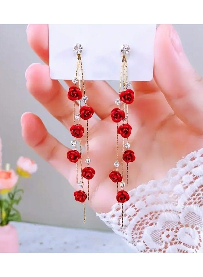 Red Rose Flower Tassel With Shiny zirconia Decor Dangle Earrings Elegant Luxury Style Wedding Banquet Accessories