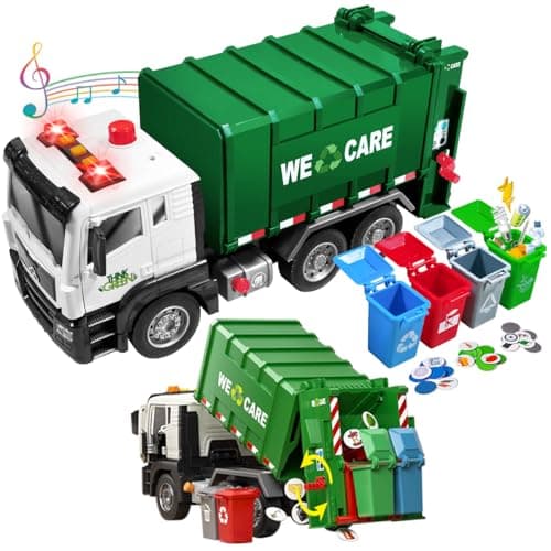 Garbage Truck Toy Large Friction Powered Trash Truck Toy with Light and Sounds 4 Trash Bins and Learning Cards for Kids