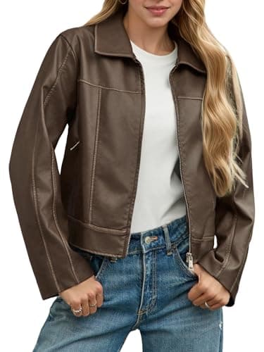 Yousify Womens Faux Leather Jacket Casual Zip Up Motorcycle Long Sleeve Collared Spring Cropped Coats with Pockets