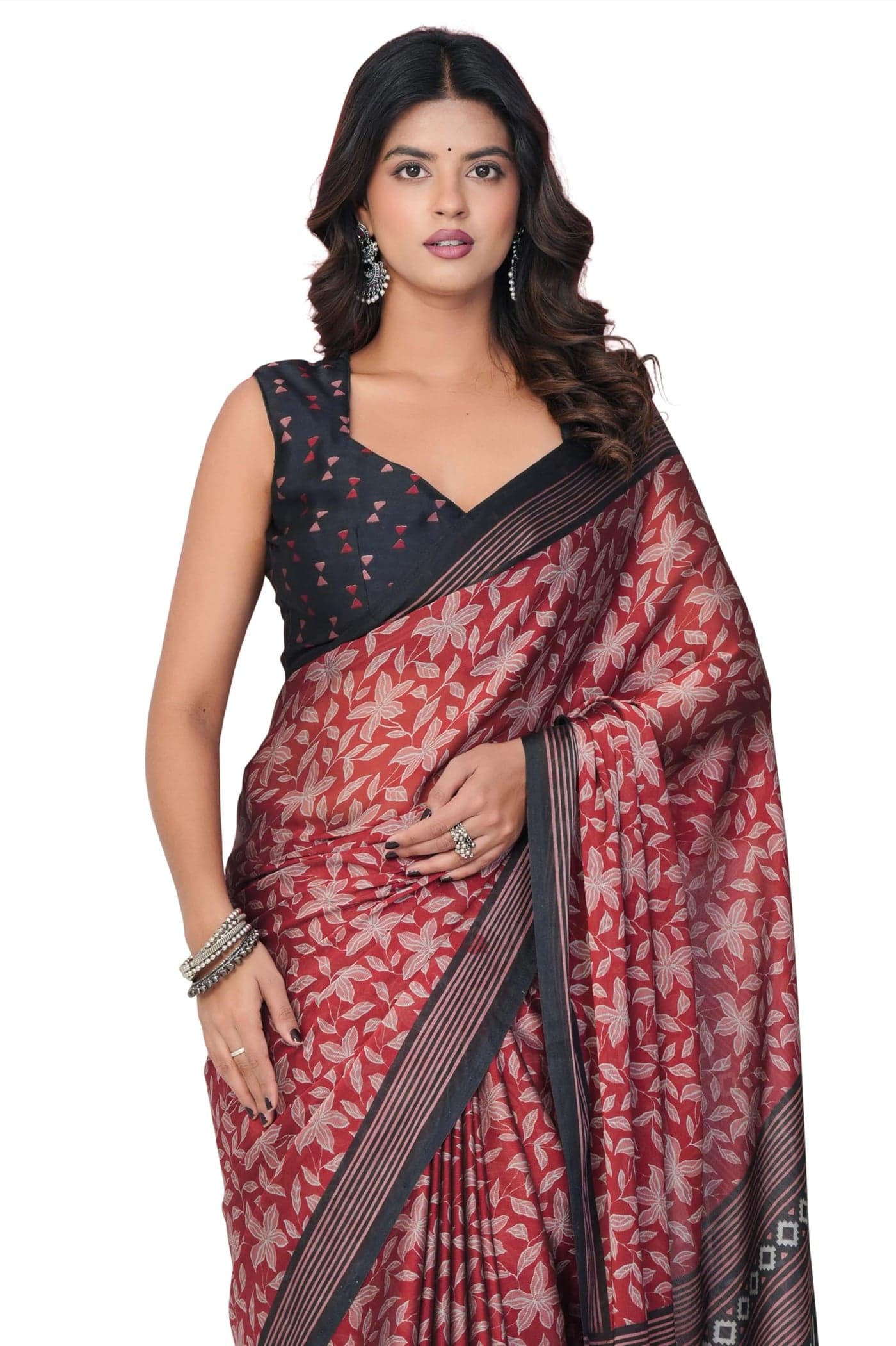 MIRCHI FASHION Women's Chiffon Floral Printed Saree with Blouse Piece (43786 - Dusty Red, Black, Dusty Pink)