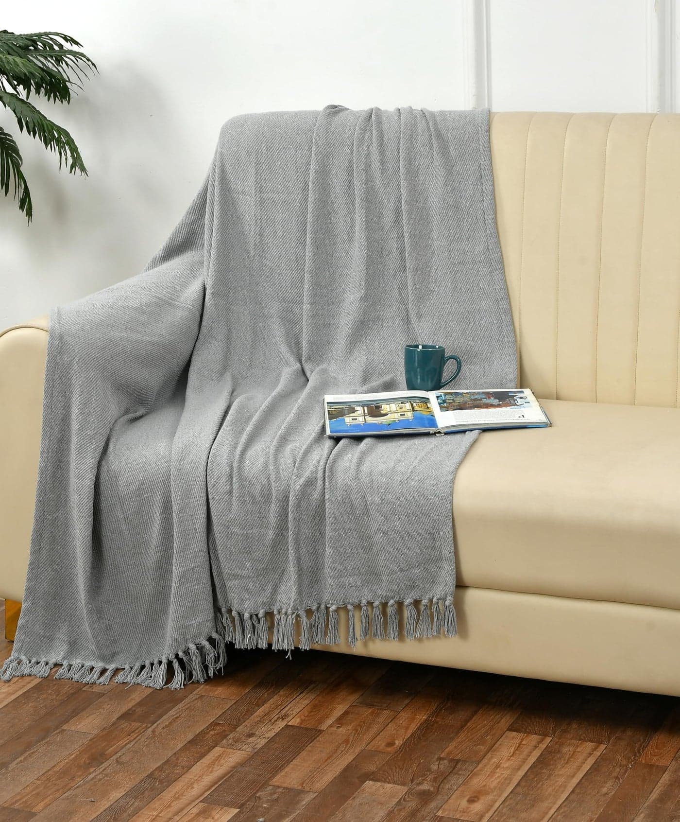 SASHAA WORLD Solid Grey Cotton Throw for Sofa | Ultra-Soft & Cozy Blanket | 100% Cotton | Decorative Fringed Couch Cover | 125 x 150 cm | Machine Washable
