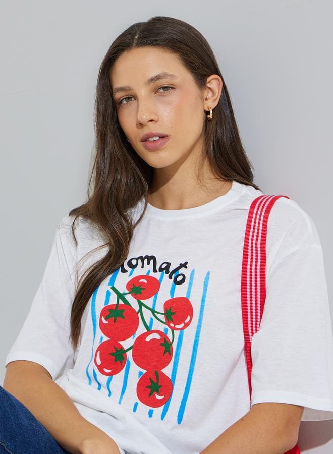 White Oversized Graphic Tomato Print T-Shirt