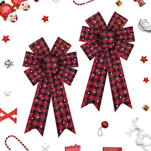 2pcs Christmas Wreath Bows Christmas Bows Snowflake Red Black Plaid Burlap Bows for Wreaths Christmas Ribbon Bows Tree Topper Bows for New Year Home Indoor Outdoor Decoration Wreath Ornament Supplies