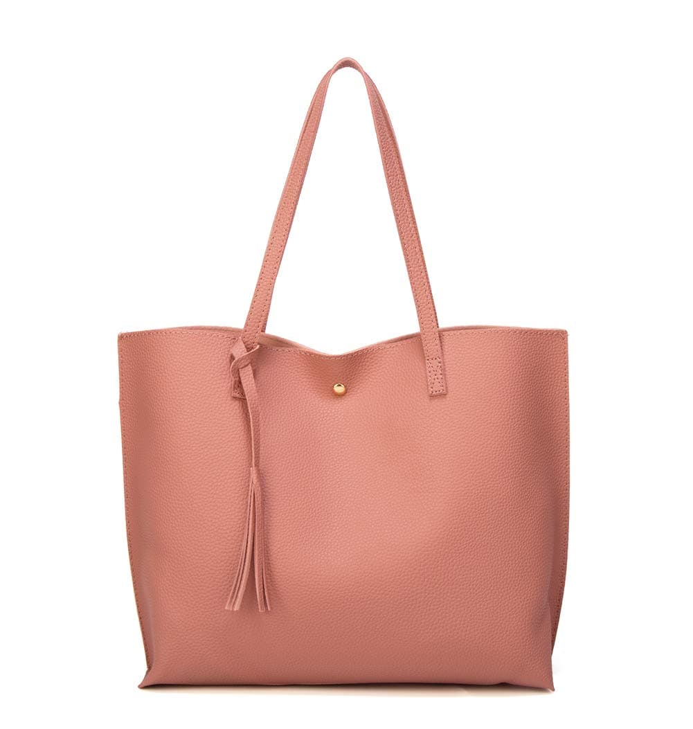 Dreubea Women's Soft Faux Leather Tote Shoulder Bag from, Big Capacity Tassel Handbag Old Rose