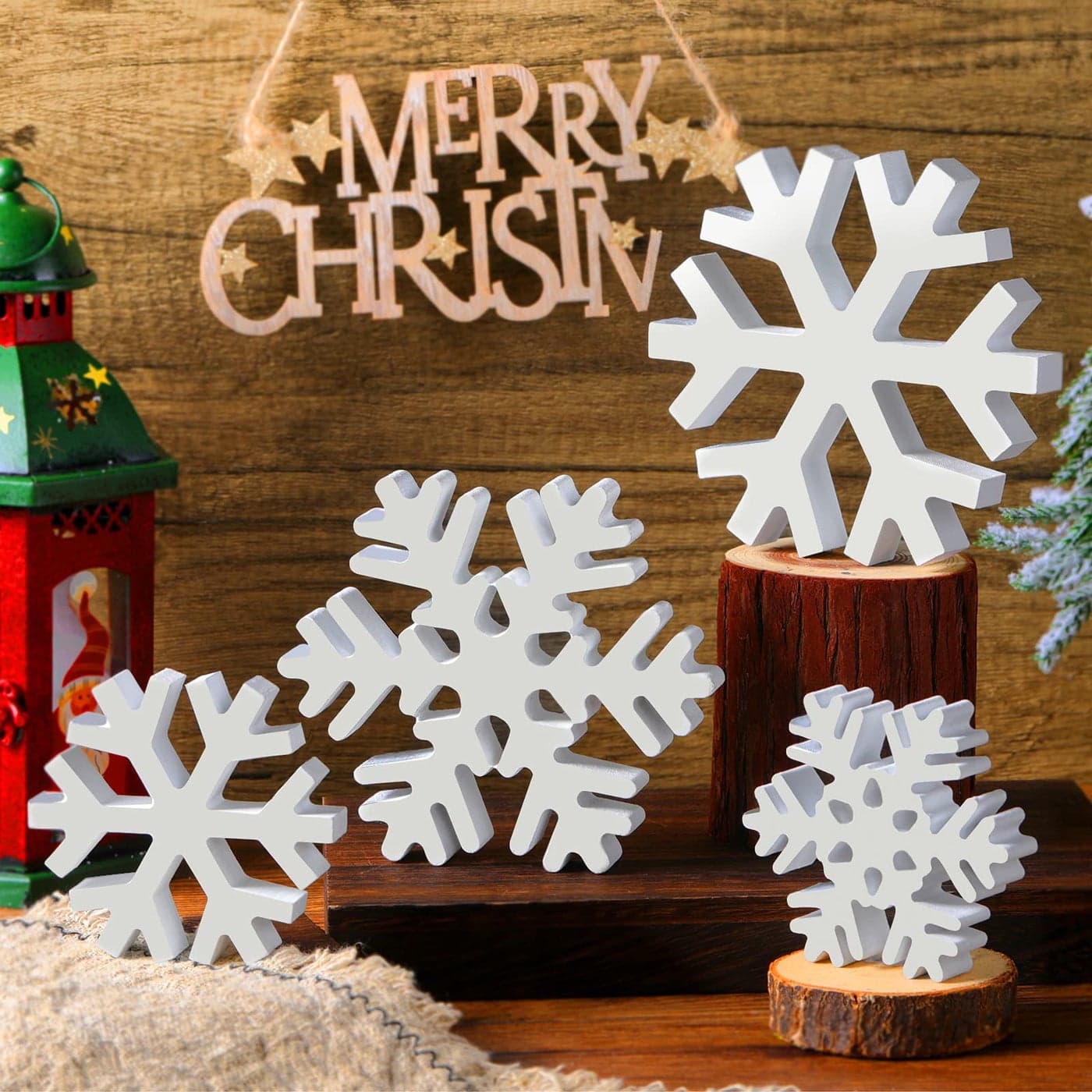 Blulu 4 Pcs Winter Wooden Snowflakes Decor Christmas Snowflake Signs Tabletop Decorations Winter Wooden Xmas Standing Table Sign Christmas Fireplace Decoration for PartyWhite