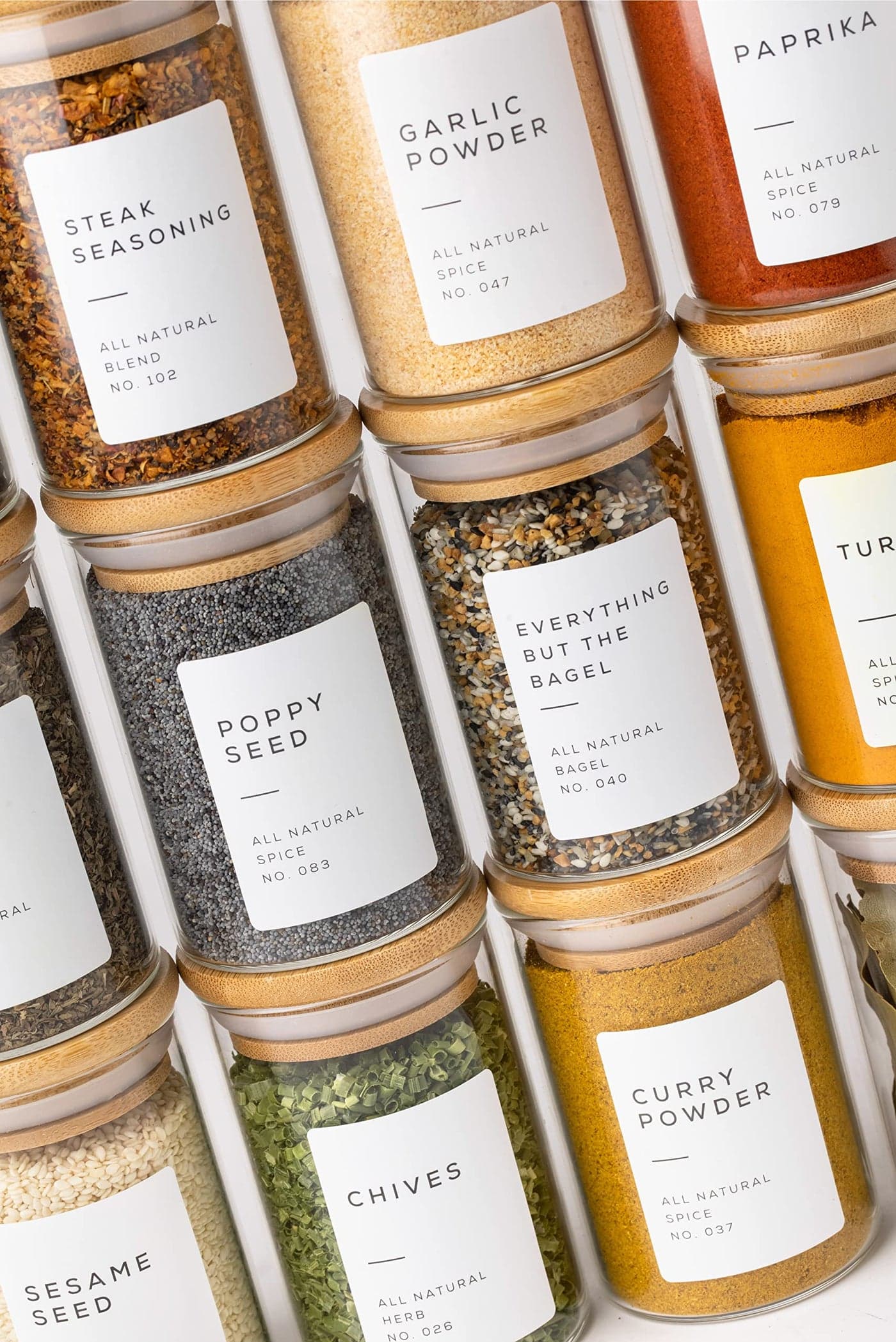 Bloomondo Empty Spice Jars with Label Pack 12x Bamboo Lid Glass Jar Small 6oz Spice Storage Bottles with 112 Printed Stickers and 48 Writable Pantry Labels for Seasoning Containers
