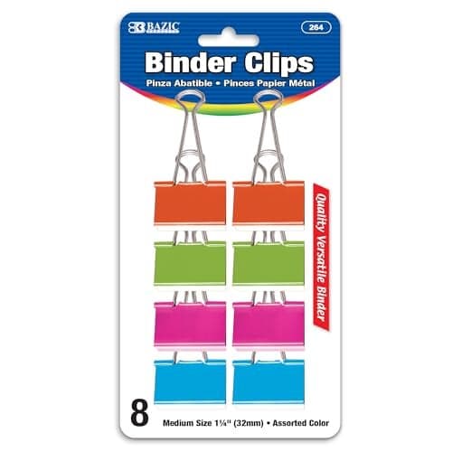BAZIC Medium 1 1/4" (32mm) Assorted Color Binder Clip (8/Pack) (264)
