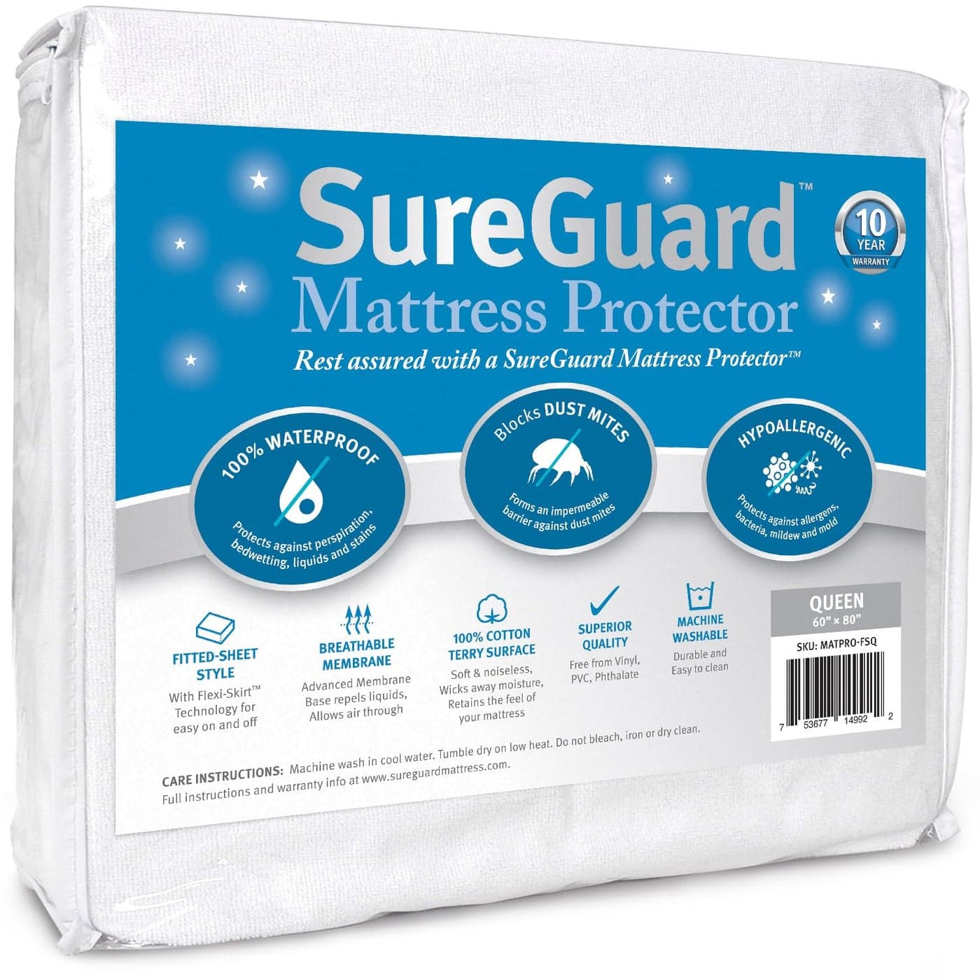 SureGuard Queen Size Mattress Protector 100 Waterproof Hypoallergenic Premium Fitted Cotton Terry Cover White