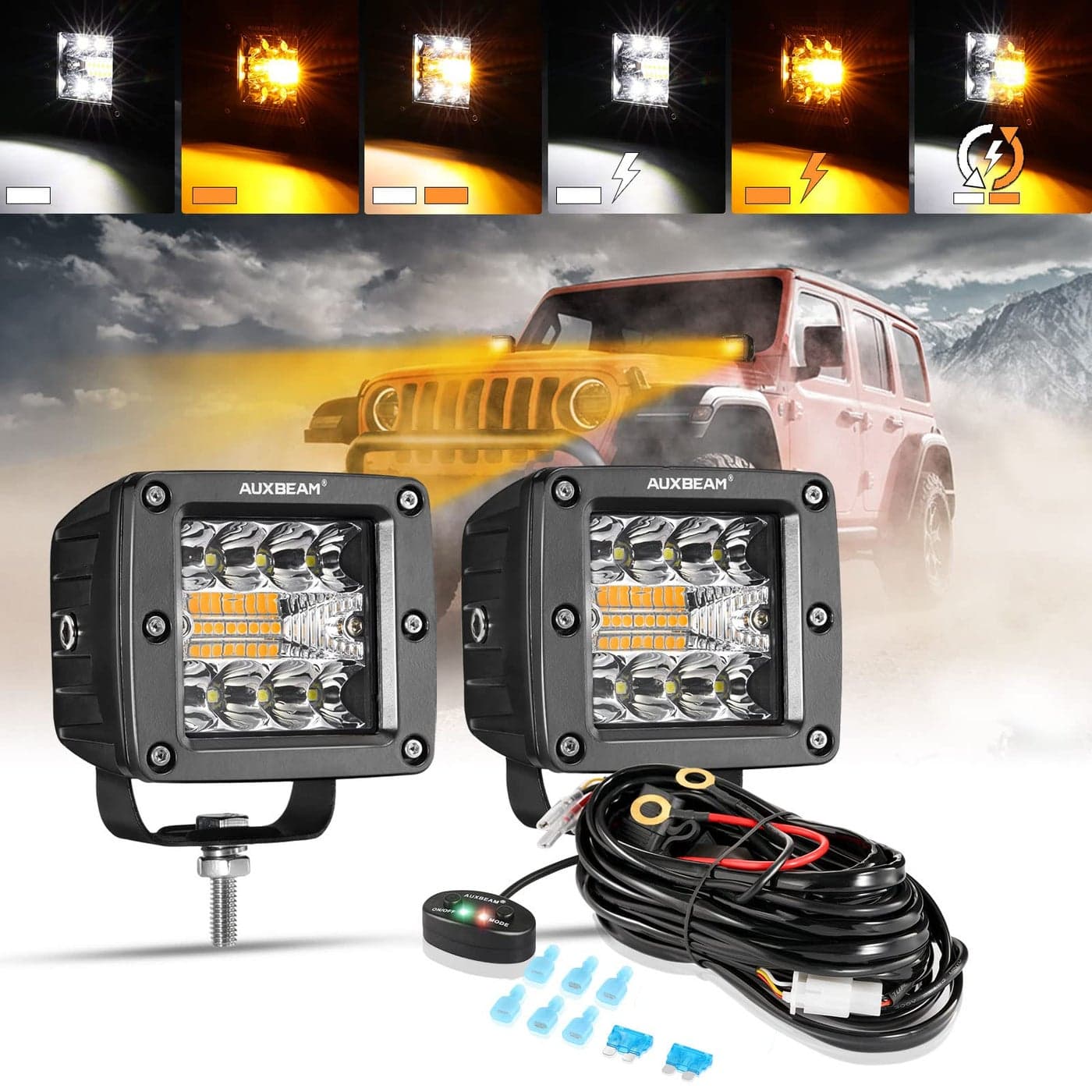 Auxbeam LED Pods 3 Inch 72W Amber Fog Light 6 Modes Strobe Cube Pod Light Bar Dual Color Yellow Spot Flood Offroad Driving Lights Ditch Lights for Truck Car ATV