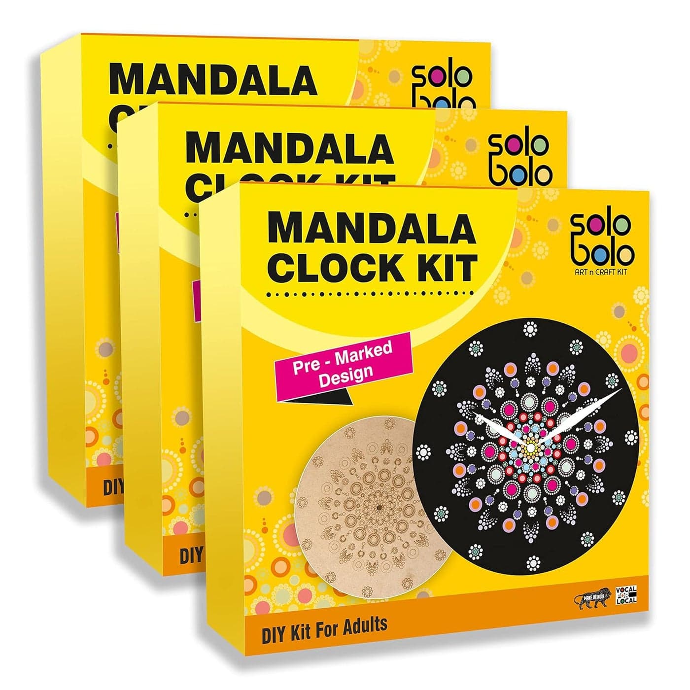 SOLOBOLO Mandala Painting Kit for Adults|DIY Mandala Clock Kit for Home Decor |Craft Materials MDF Cutouts for Art and Craft Kit|Birthday Gifts for Girls|Size-12 Inch Wall Clock MDF|Pack of 3 Sets