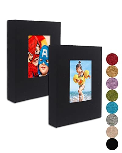 GPIRAL Small Photo Album 5x7 – 2 Pack, Each 26 Clear Pages Hold 52 Pictures. Album for 5x7 Pictures, Artwork, Drawings, Linen Cover with Front Window, Black Fabric