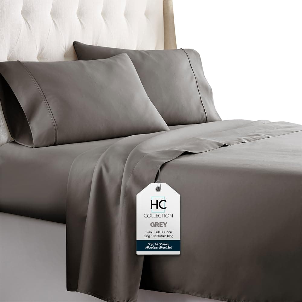 HC COLLECTION Bed Sheets Cal King Hotel Luxury Platinum 1800 Series Brushed Microfiber Flat Sheet Deep Pocket Fitted Sheet and 2 Envelope Pillowcases Ultra Soft 4 Pcs Bedding for Hot Sleepers Gray