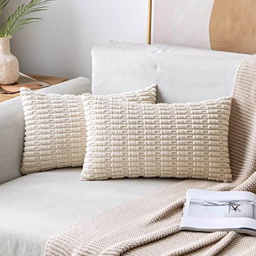 MIULEE Pack of 2 Corduroy Decorative Lumbar Throw Pillow Covers 24x14 Inch Soft Boho Striped Pillow Covers Modern Farmhouse Home Decor for Sofa Living Room Couch Bed Cream White