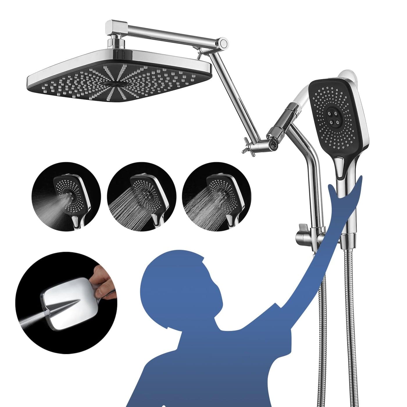 Psylc 12 High Pressure RainRainfall Shower Heads With Handheld Spray Combo 31 Settings Builtin Power Wash Mode DoubleDual Shower Head With Handheld HeightAngle AdjustablePolished Chrome
