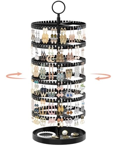 iDavosic.ly 6 Tier Rotating Earring Holder Organizer with Metal Tray, Adjustable Plastic Dangle Display Stands Tree with 342 Grooves, Large Hoop Storage Rack Tower, Black