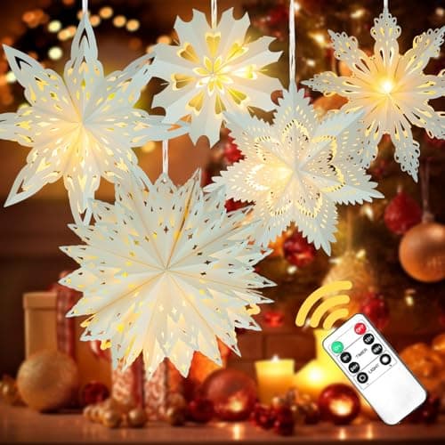5 Pack Christmas Paper Snowflake Lanterns Christmas Paper Star Lantern with LED Light White Hanging Lamp Ornaments for Xmas Tree New Year Winter Frozen Weddings Birthday Holiday Party Decorations