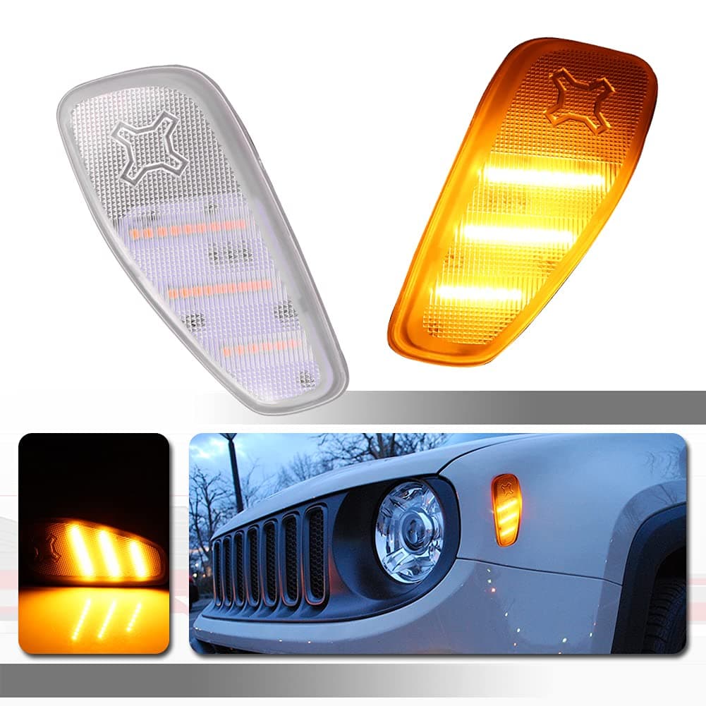 Tonsya Full Amber Led Lamps Clear Lens kit Compatible With 2015 2016 2017 2018 2019 2020 2021 Jeep Renegade Replace OEM Front Bumper Side Marker Lights 2 Pcs