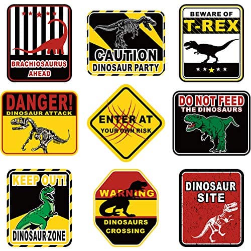 Blulu 9 Pcs Dinosaur Birthday Decoration Jurassic Paper Signs Jurassic Theme Decor Party Favors Beware of Dinosaur Crossing Sign Wall Poster for Kids Birthday Halloween Props