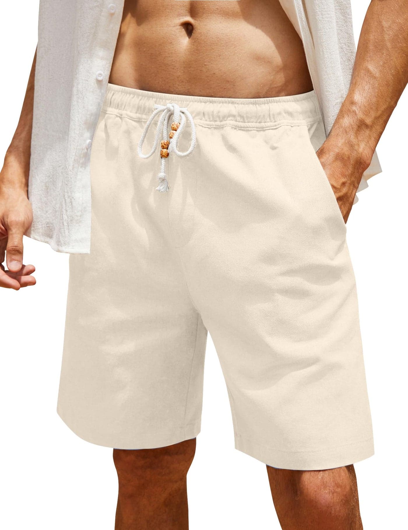 COOFANDY Men's Linen Shorts Classic Fit Drawstring Summer Casual Beach Shorts Beige